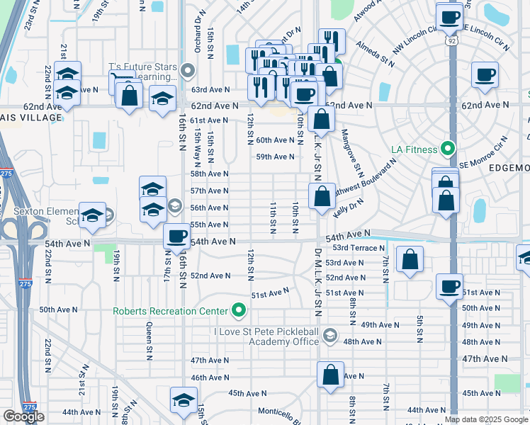 map of restaurants, bars, coffee shops, grocery stores, and more near 1120 55th Avenue North in St. Petersburg
