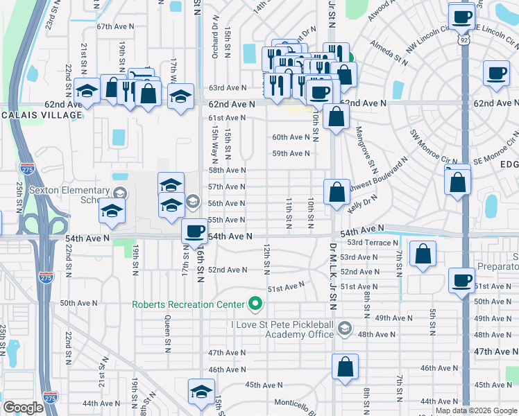 map of restaurants, bars, coffee shops, grocery stores, and more near 1220 56th Avenue North in St. Petersburg