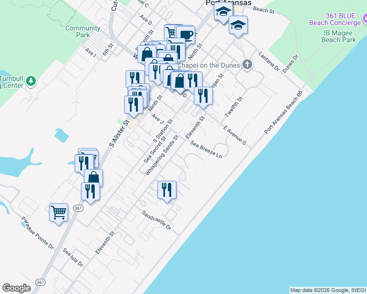 map of restaurants, bars, coffee shops, grocery stores, and more near 1021 Eleventh Street in Port Aransas