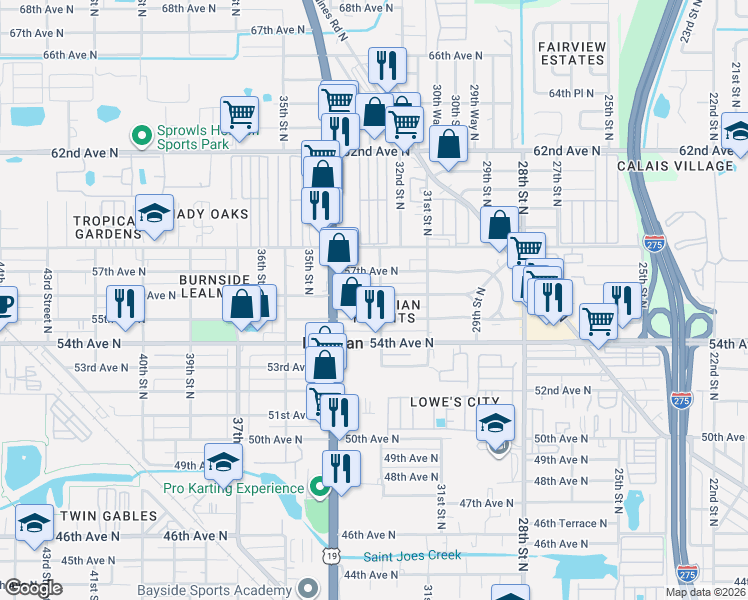 map of restaurants, bars, coffee shops, grocery stores, and more near 3308 56th Avenue North in St. Petersburg