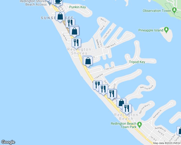 map of restaurants, bars, coffee shops, grocery stores, and more near 17425 Gulf Boulevard in Redington Shores