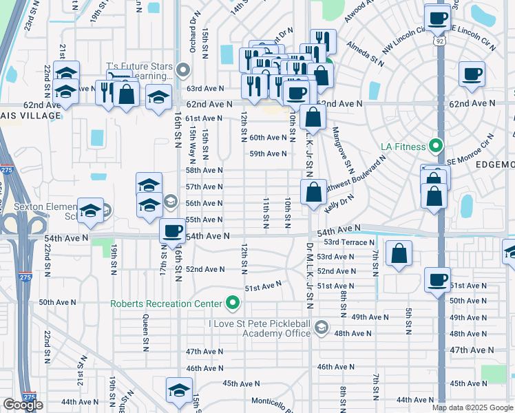 map of restaurants, bars, coffee shops, grocery stores, and more near 1112 57th Avenue North in St. Petersburg