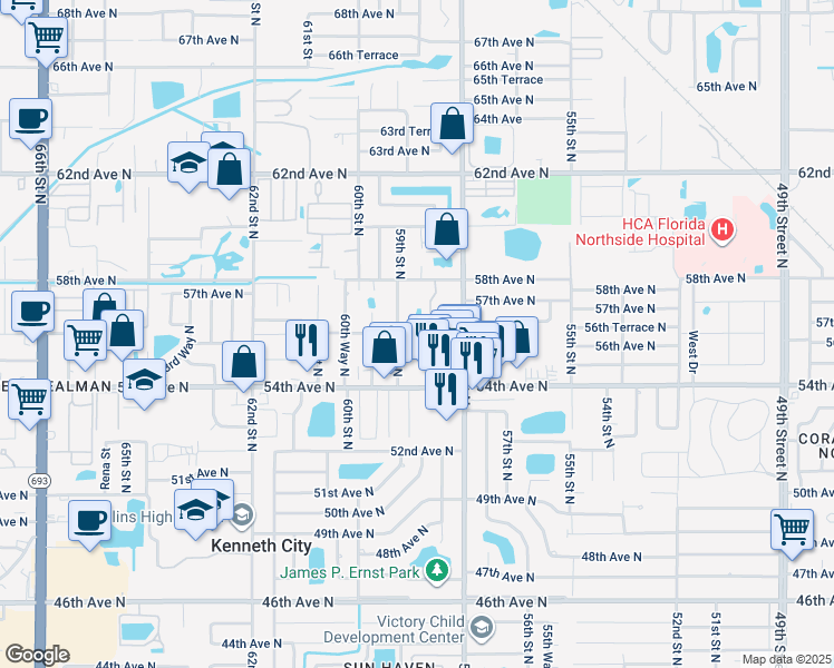 map of restaurants, bars, coffee shops, grocery stores, and more near 5649 59th Street North in St. Petersburg