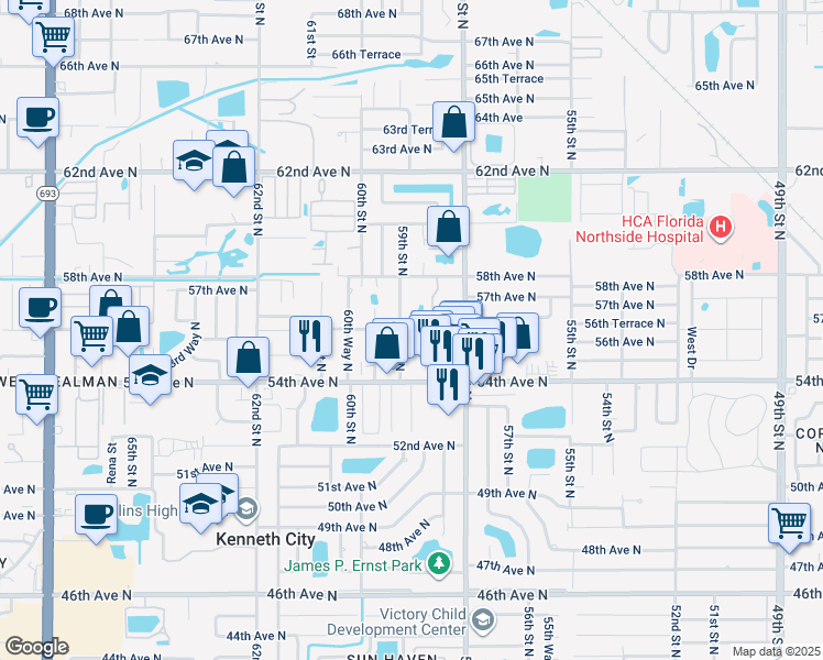 map of restaurants, bars, coffee shops, grocery stores, and more near 5649 59th Street North in St. Petersburg