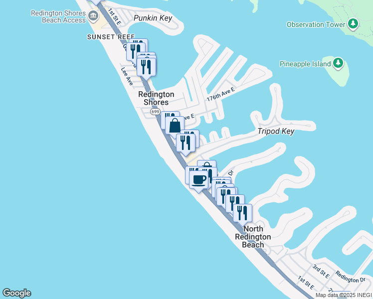 map of restaurants, bars, coffee shops, grocery stores, and more near 140 174th Terrace East in Redington Shores