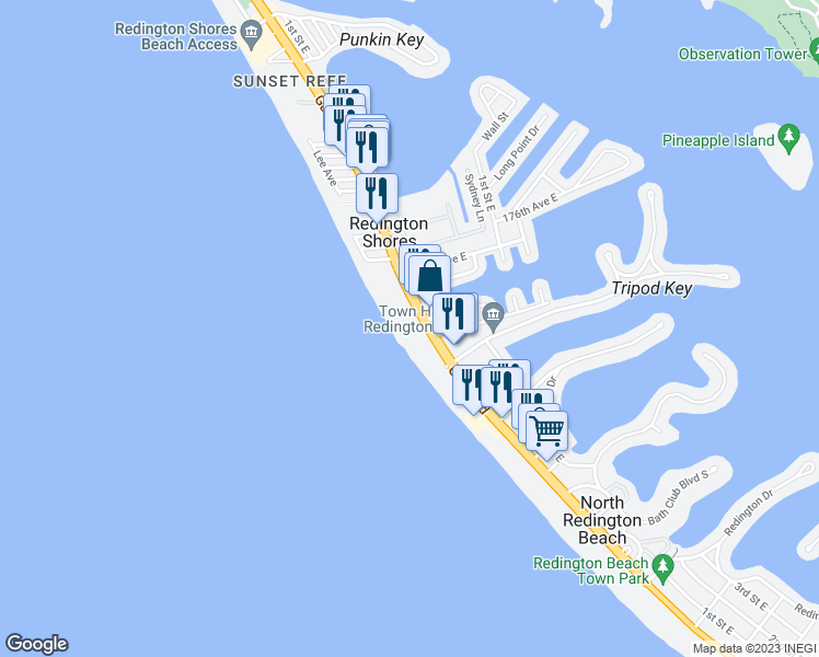 map of restaurants, bars, coffee shops, grocery stores, and more near in Redington Shores