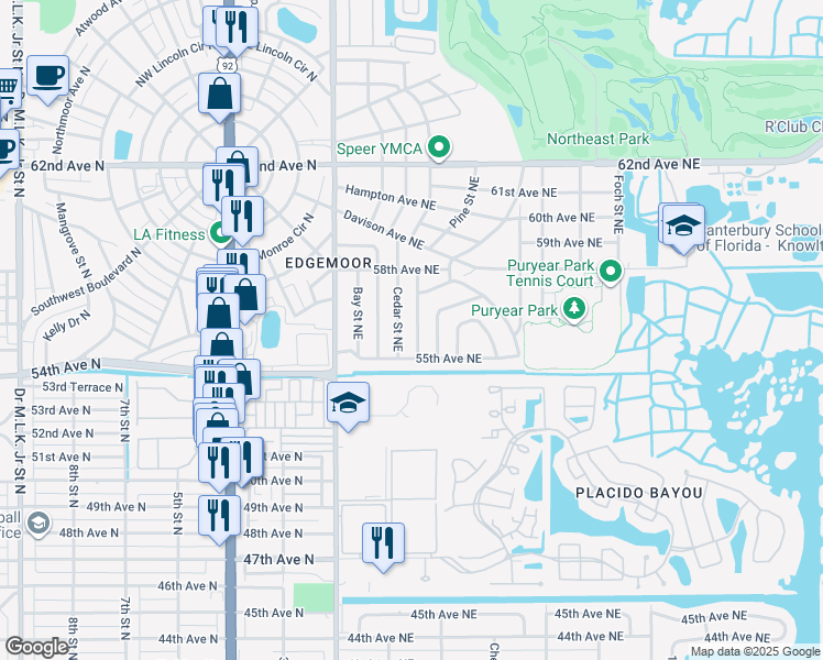 map of restaurants, bars, coffee shops, grocery stores, and more near 5641 Cedar Street Northeast in St. Petersburg