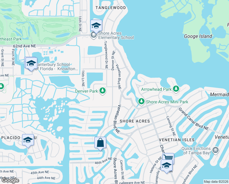 map of restaurants, bars, coffee shops, grocery stores, and more near 5601 Denver Street Northeast in St. Petersburg