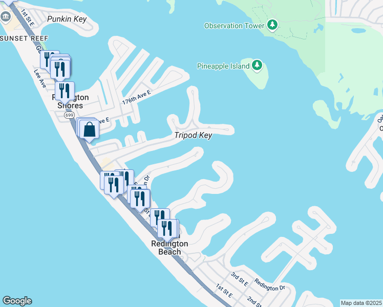 map of restaurants, bars, coffee shops, grocery stores, and more near 17076 Dolphin Drive in North Redington Beach