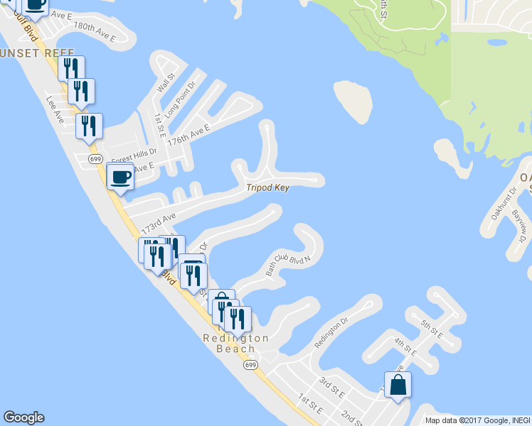 map of restaurants, bars, coffee shops, grocery stores, and more near 17076 Dolphin Drive in North Redington Beach