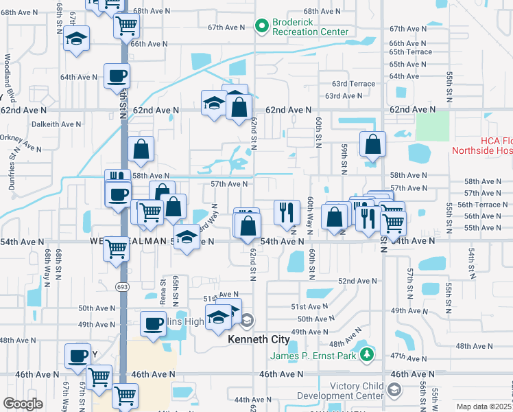 map of restaurants, bars, coffee shops, grocery stores, and more near 5664 62nd Street North in St. Petersburg