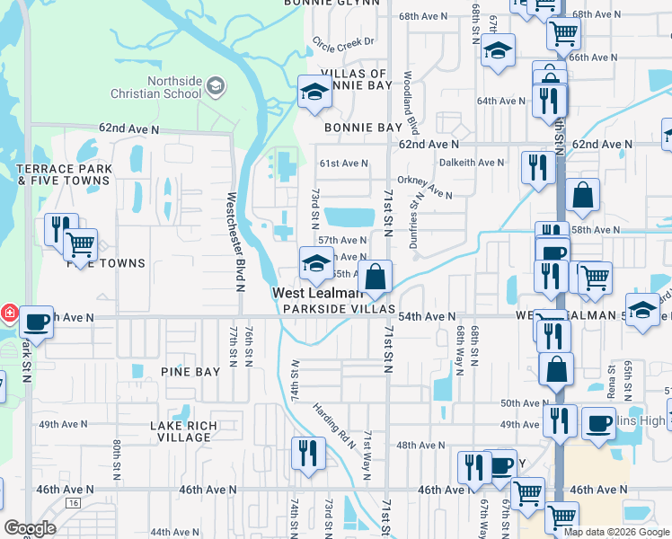 map of restaurants, bars, coffee shops, grocery stores, and more near 7233 56th Avenue North in St. Petersburg
