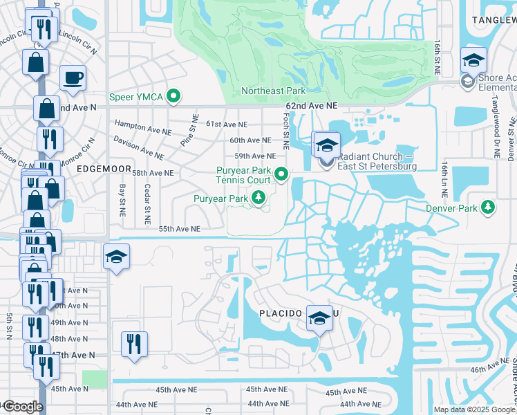 map of restaurants, bars, coffee shops, grocery stores, and more near 5701 Lee Street Northeast in St. Petersburg