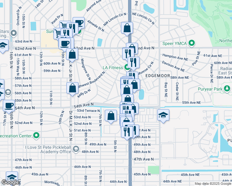map of restaurants, bars, coffee shops, grocery stores, and more near 5526 Willow Street North in Saint Petersburg