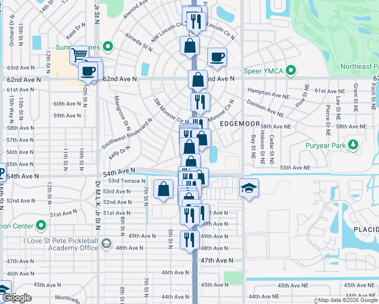 map of restaurants, bars, coffee shops, grocery stores, and more near 5635 Sycamore Street North in St. Petersburg