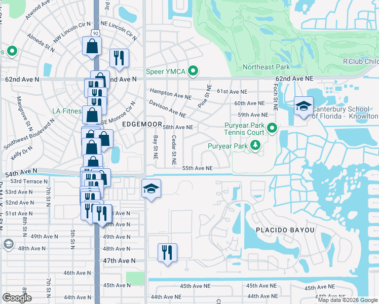 map of restaurants, bars, coffee shops, grocery stores, and more near 5600 Kiwanis Place Northeast in St. Petersburg