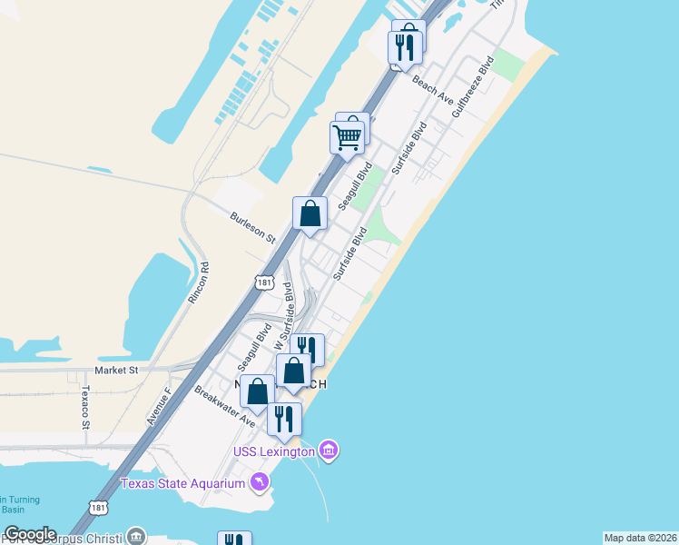map of restaurants, bars, coffee shops, grocery stores, and more near Surfside Boulevard in Corpus Christi