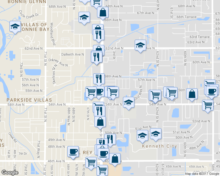 map of restaurants, bars, coffee shops, grocery stores, and more near 6545 56th Avenue North in Saint Petersburg