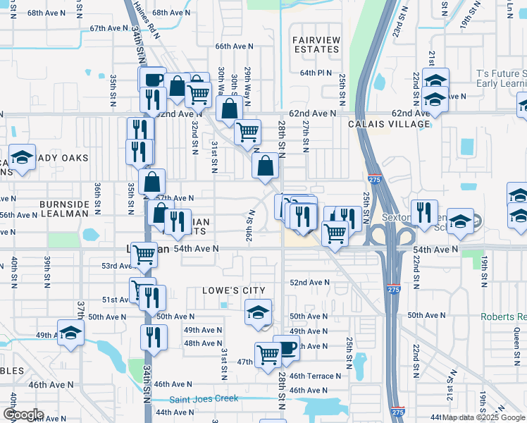 map of restaurants, bars, coffee shops, grocery stores, and more near 5634 Crissman Drive North in St. Petersburg