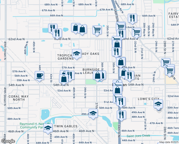 map of restaurants, bars, coffee shops, grocery stores, and more near 3737 56th Avenue North in Saint Petersburg