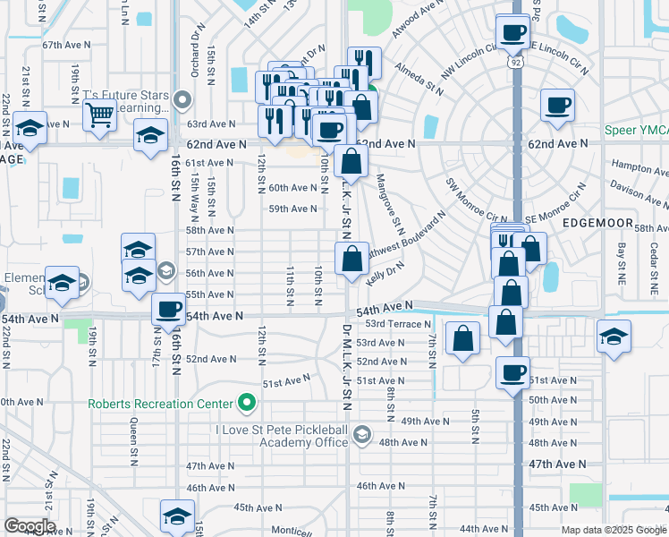 map of restaurants, bars, coffee shops, grocery stores, and more near 5612 Doctor Martin Luther King Junior Street North in St. Petersburg