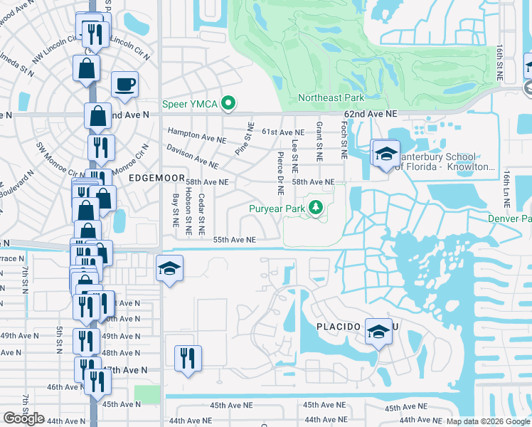 map of restaurants, bars, coffee shops, grocery stores, and more near 5619 Harding Boulevard Northeast in St. Petersburg