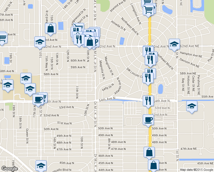 map of restaurants, bars, coffee shops, grocery stores, and more near 810 Southwest Boulevard North in St. Petersburg