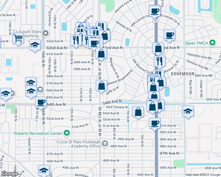 map of restaurants, bars, coffee shops, grocery stores, and more near 810 Southwest Boulevard North in St. Petersburg