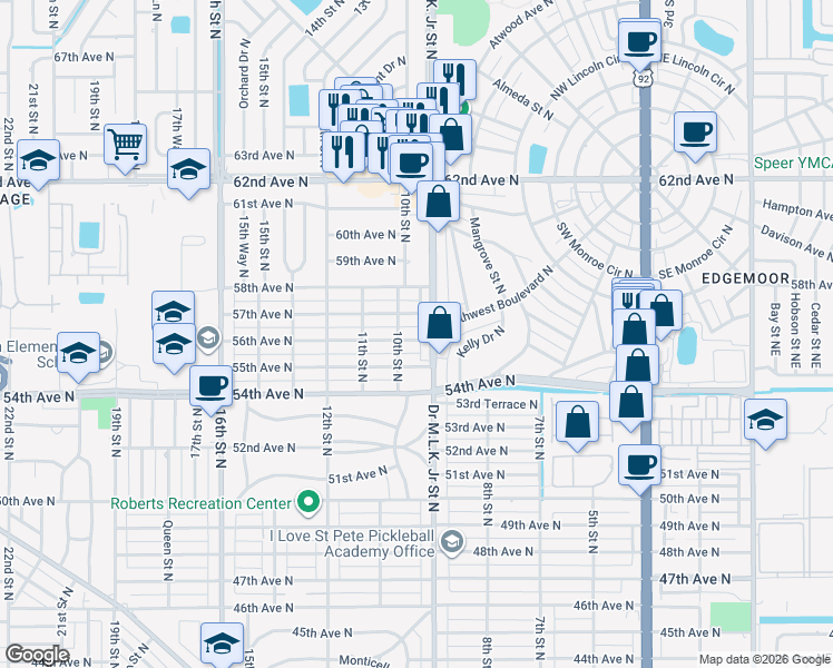 map of restaurants, bars, coffee shops, grocery stores, and more near 5612 Doctor Martin Luther King Junior Street North in St. Petersburg