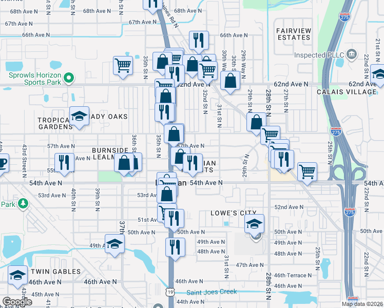 map of restaurants, bars, coffee shops, grocery stores, and more near 3310 57th Avenue North in St. Petersburg