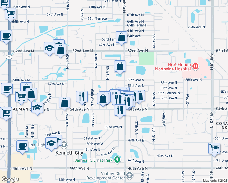 map of restaurants, bars, coffee shops, grocery stores, and more near 5649 59th Street North in St. Petersburg