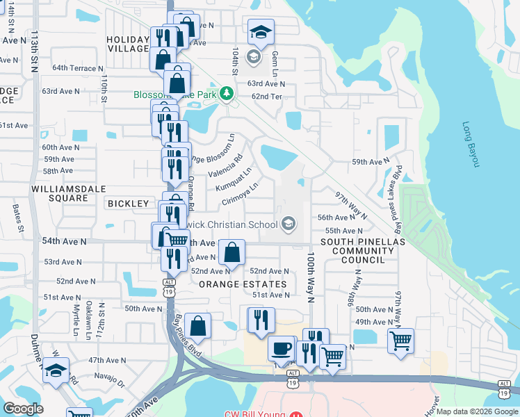 map of restaurants, bars, coffee shops, grocery stores, and more near 10348 Naranja Street in Seminole