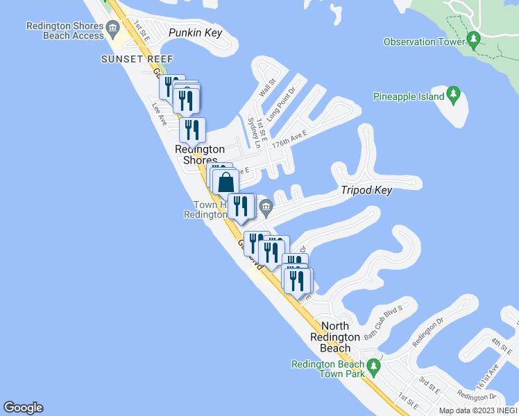 map of restaurants, bars, coffee shops, grocery stores, and more near 180 174th Avenue East in Redington Shores