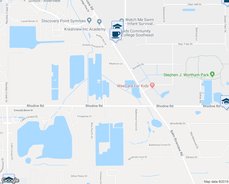 map of restaurants, bars, coffee shops, grocery stores, and more near 11728 Rhodine Road in Riverview