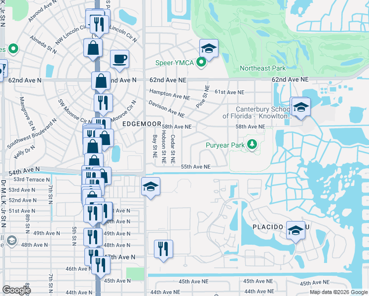 map of restaurants, bars, coffee shops, grocery stores, and more near 5600 Kiwanis Place Northeast in St. Petersburg