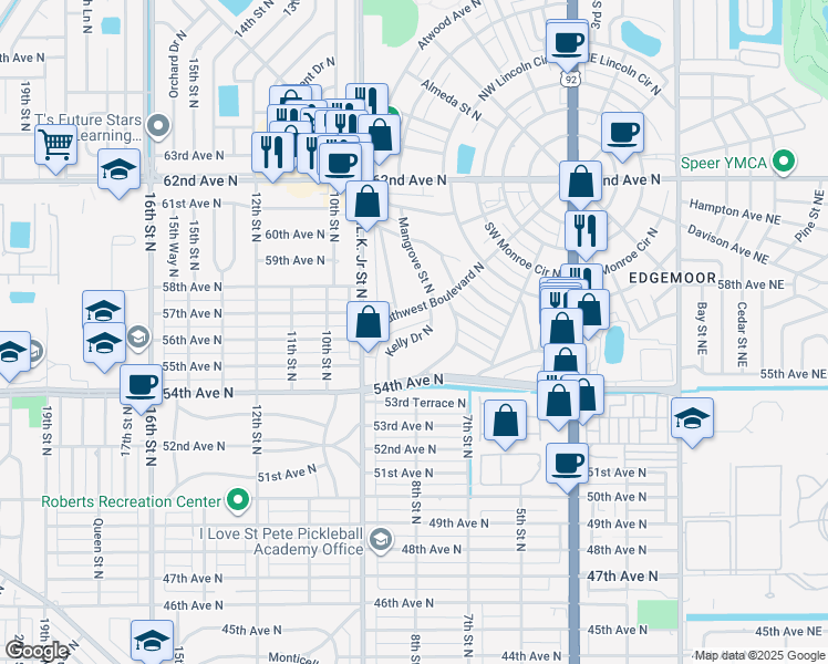 map of restaurants, bars, coffee shops, grocery stores, and more near 5610 Kelly Drive North in Saint Petersburg