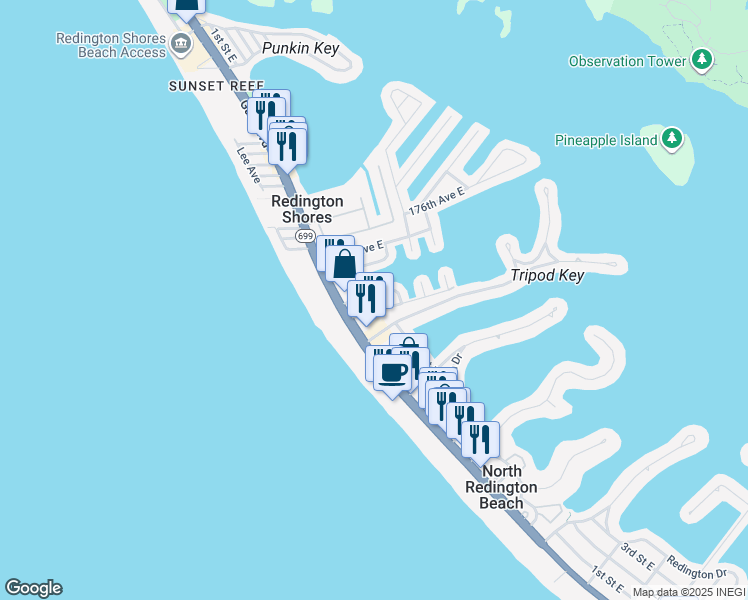 map of restaurants, bars, coffee shops, grocery stores, and more near 135 174th Terrace East in Redington Shores