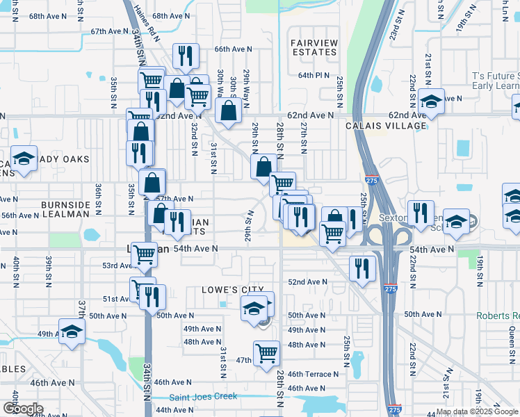 map of restaurants, bars, coffee shops, grocery stores, and more near 5634 Crissman Drive North in St. Petersburg