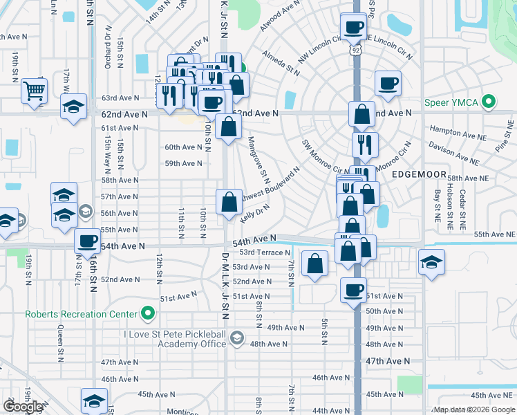 map of restaurants, bars, coffee shops, grocery stores, and more near 810 Southwest Boulevard North in St. Petersburg
