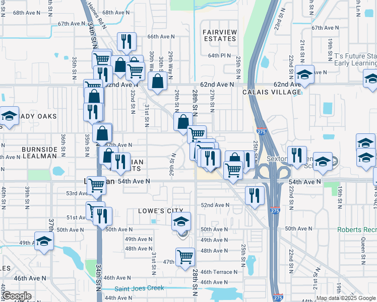 map of restaurants, bars, coffee shops, grocery stores, and more near 5634 Crissman Drive North in St. Petersburg
