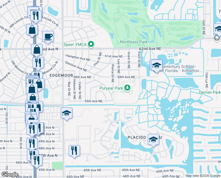 map of restaurants, bars, coffee shops, grocery stores, and more near 5619 Harding Boulevard Northeast in Saint Petersburg