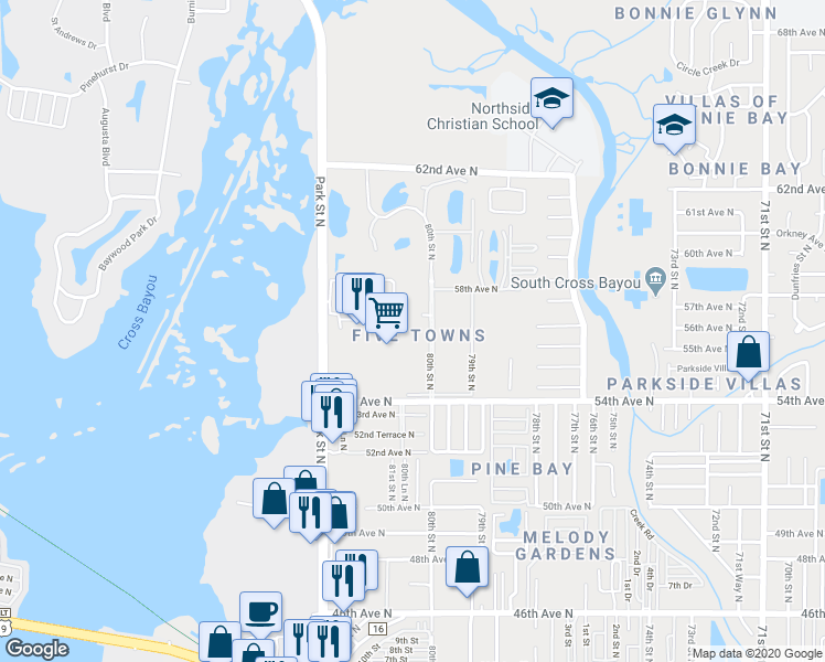 map of restaurants, bars, coffee shops, grocery stores, and more near in Pinellas County