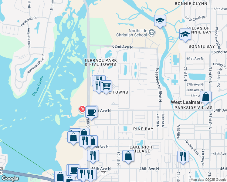 map of restaurants, bars, coffee shops, grocery stores, and more near 5660 80th Street North in St. Petersburg