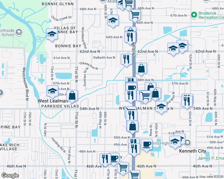 map of restaurants, bars, coffee shops, grocery stores, and more near 6735 54th Avenue North in St. Petersburg