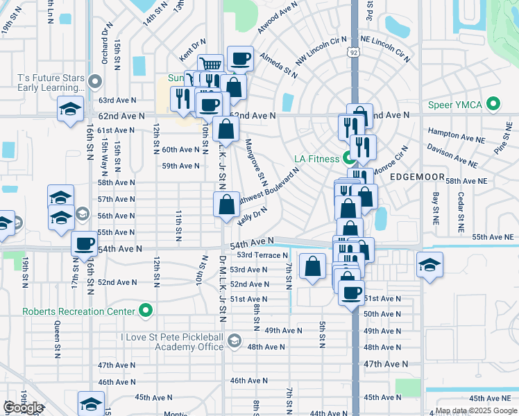 map of restaurants, bars, coffee shops, grocery stores, and more near 5659 Kelly Drive North in St. Petersburg