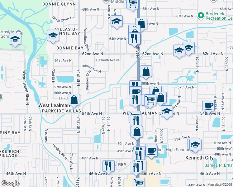 map of restaurants, bars, coffee shops, grocery stores, and more near 6735 54th Avenue North in St. Petersburg