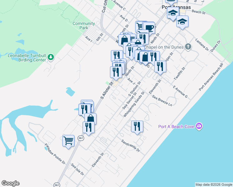 map of restaurants, bars, coffee shops, grocery stores, and more near 205 Nautilus in Port Aransas
