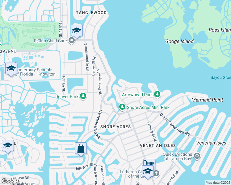 map of restaurants, bars, coffee shops, grocery stores, and more near 1725 Bayou Grande Boulevard Northeast in St. Petersburg