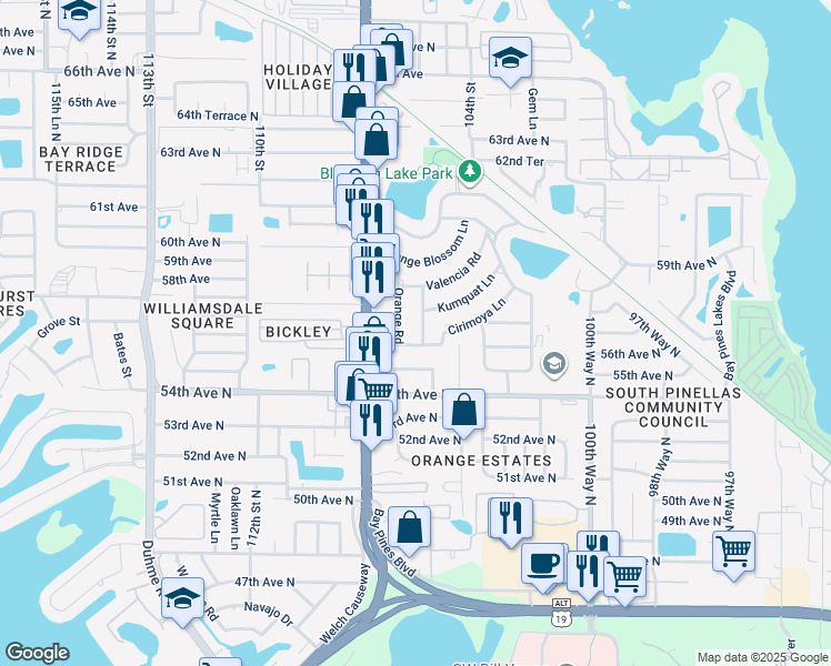 map of restaurants, bars, coffee shops, grocery stores, and more near 5624 Lime Way in Seminole