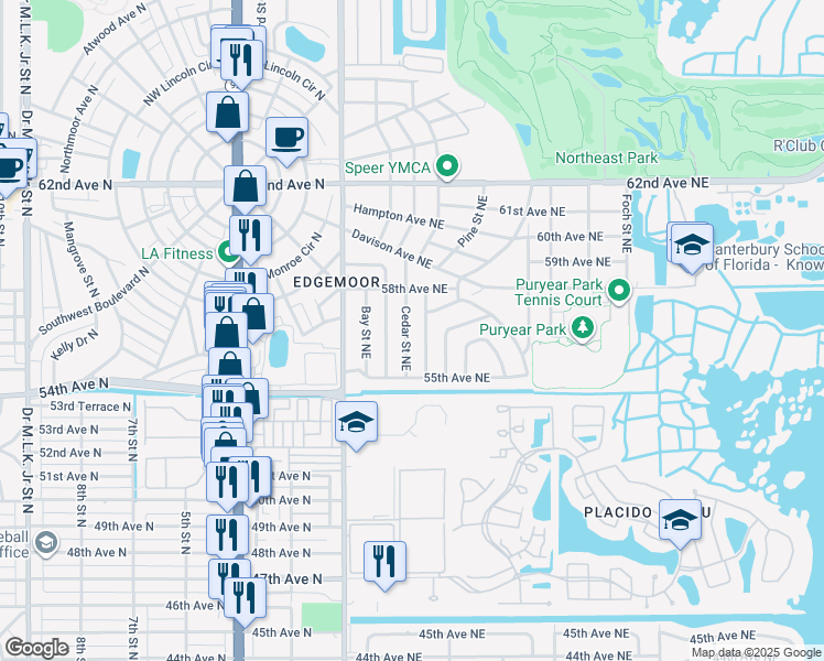 map of restaurants, bars, coffee shops, grocery stores, and more near 5641 Cedar Street Northeast in St. Petersburg